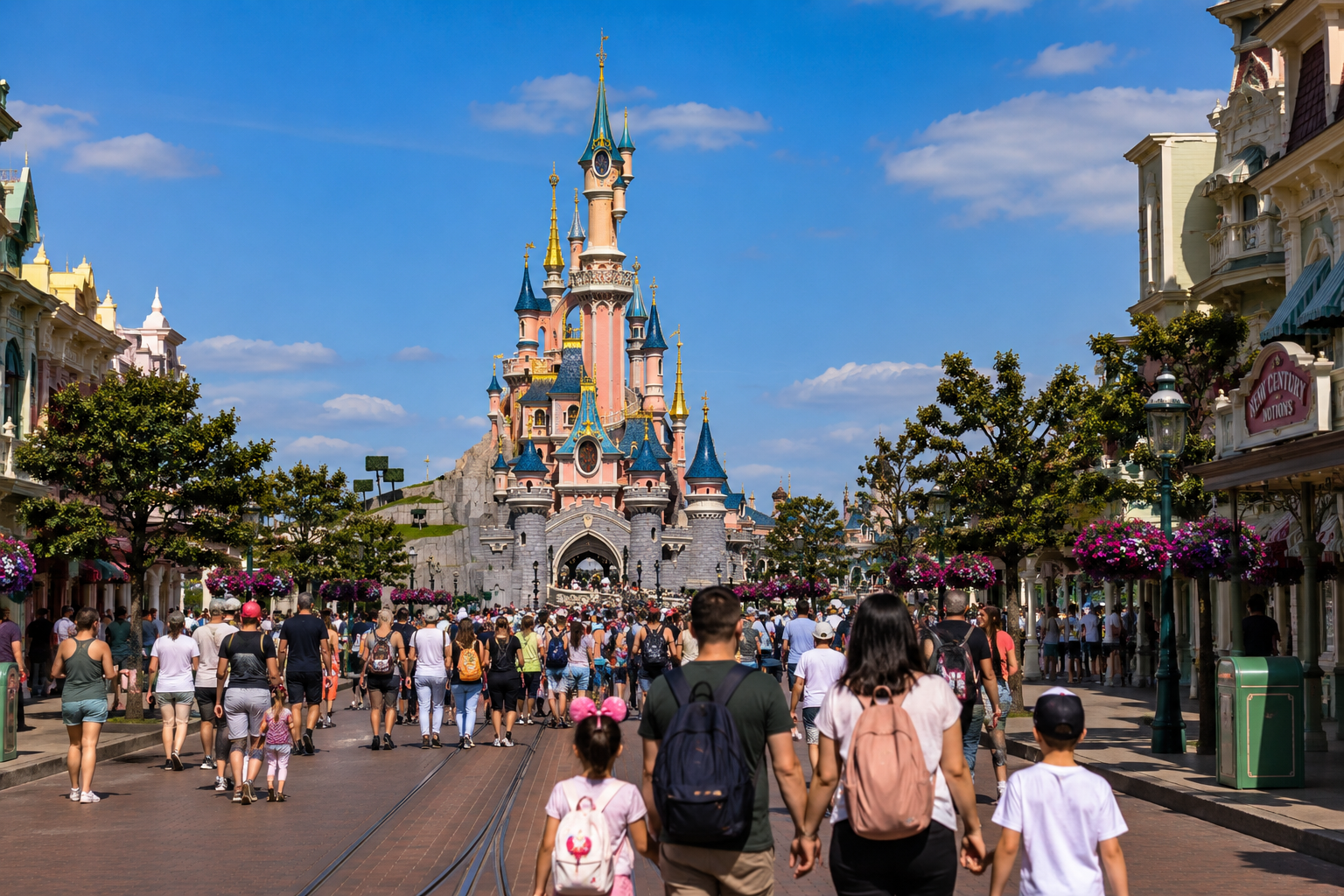 Disneyland Paris theme park with visitors walking towards a fairytale castle